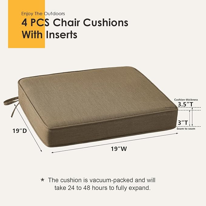 Outdoor Sunbrella Square Corner Seat Cushion, 19"x19"x3", Set of 4, Non Slip Seat Cushion Pads with Removable Cover for Patio Furniture, Garden Yard Lawn, Specrtum Caribou