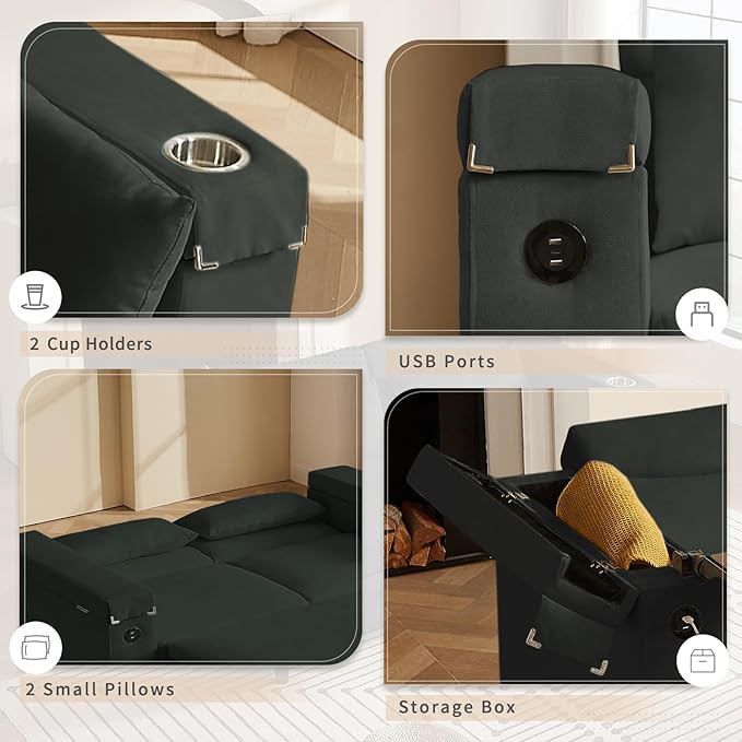 66" Pullout Couch Sleeper Sofa with Hidden Side Table, Storage Armrests & USB Charging – Convertible Sofa Bed with Spring Mattress & Wood Frame, Great for Small Spaces (ZY-2027-Dark Gray)