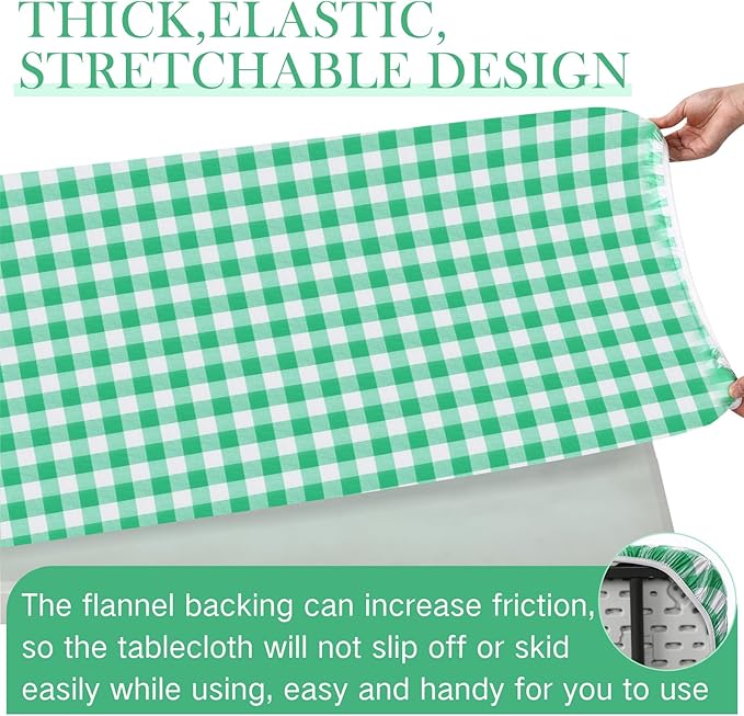3 Pcs Plastic Picnic Table Cover Checkered Tablecloth Fitted Rectangular Table Cloth 30 x 72 Inch Vinyl Waterproof Flannel Backed with Elastic Rim for Indoor Outdoor Picnic Party(Green and White)