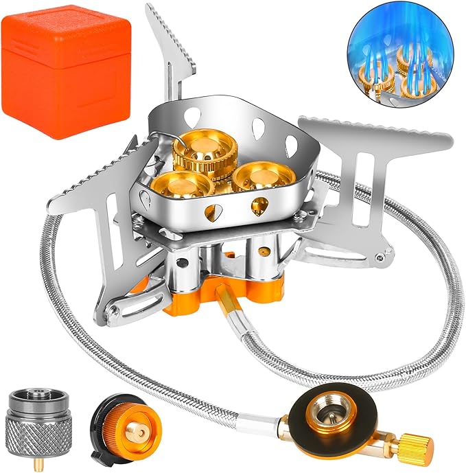9900W Portable Windproof Camping Stove - High-Power Gas Stove with Piezo Ignition, 1LB Propane & Butane Adapters for Outdoor Cooking, Hiking, Camping & Picnics