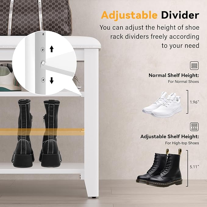 Shoe Rack Bench Entryway Storage with Leather Cushion, Shoe Organizer Bench for Entryway, Ideal for Front Doors Entrances Hallway Mudroom Featuring Rubberwood And 3 Height-Adjustable Removable Shelve