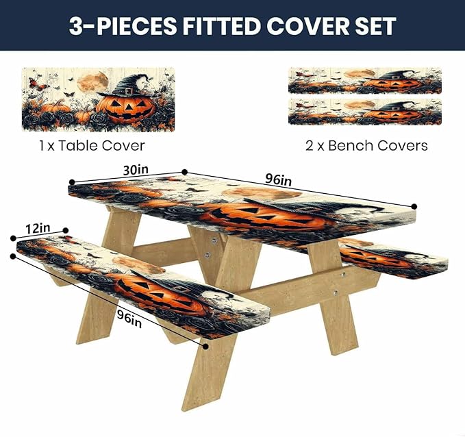 CAPSCEOLL Fitted Picnic Table Cover with Bench Covers with Elastic 8Ft Waterproof Picnic Table Cloths Windproof Outdoor Camping Tablecloth with Drawstring Bag, 96X30in, Halloween Pumpkins