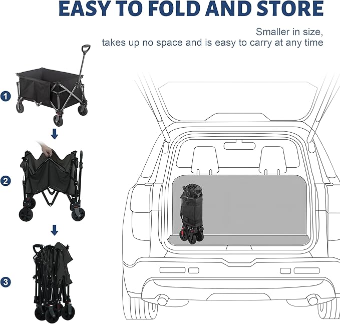 Collapsible Folding Wagon Cart, 220LBS Heavy Duty Foldable Utility Garden Cart with All Terrain Wheels & Side Storage Bag, Portable Sports Wagon for Camping, Shopping, Garden (Black)