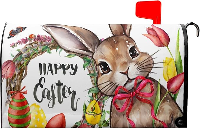 Happy Easter Bunny Magnetic Mailbox Covers Cute Rabbit with Egg Flower Wreath Decorative Mailboxes Wraps Post Letter Box Cover Standard Size 25.5x21In Spring Holiday Decor for Home Outdoor Garden Yard