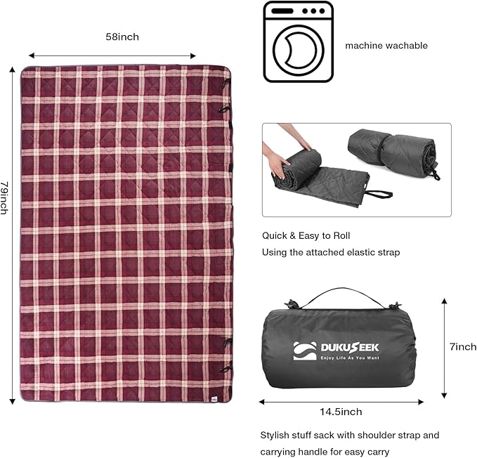 DUKUSEEK Large Camping Blanket - Waterproof, Quilted, Extra Thick Fleece, Warm, Windproof, Wearable, Includes Foldable Hood and Stuff Sack for Car, Outdoor Sports, Picnics, Stadiums, Dogs…