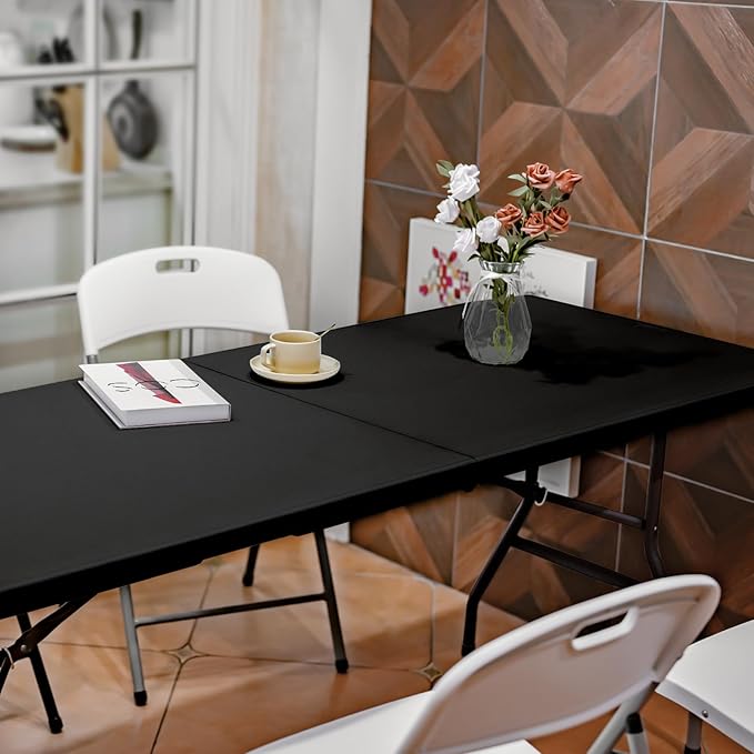 Folding Table 6ft Portable Heavy Duty Plastic Fold-in-Half 6 Foot Foldable Table Utility Dining Indoor Outdoor with Carrying Handle for Camping Picnic and Party, Black