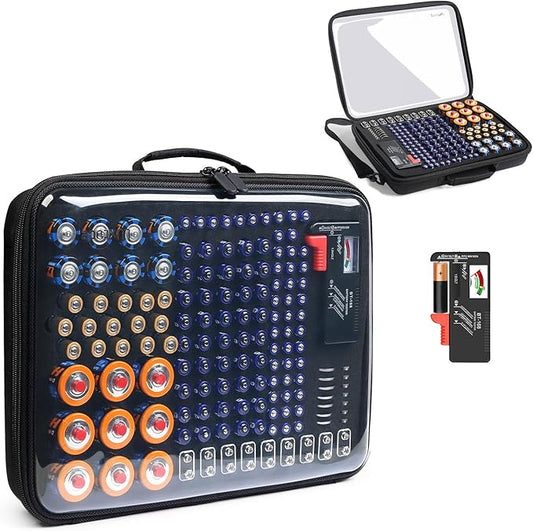 Luxtude Battery Organizer Storage Case with Tester, Clear Battery Storage Organizers Holds, Hard Batteries Holder Organizers, Portable Batteries Case Organizer (Black Large)