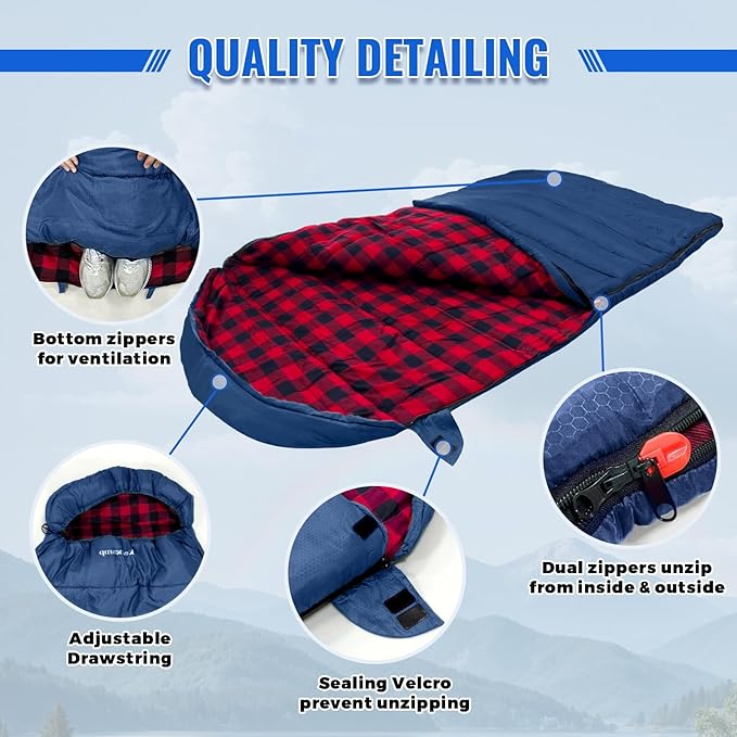 0 Degree Sleeping Bag Cotton Flannel Winter Cold Weather for Adults XXL Sleeping Bag 4 Season Big and Tall with Pillow Compression Sack