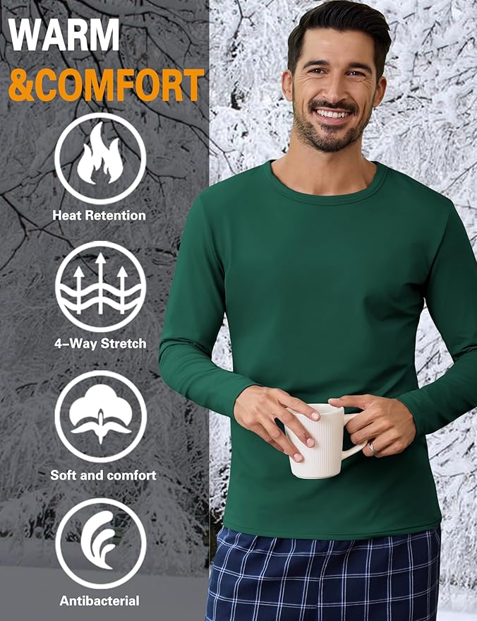 URRU Thermal Underwear for Men High Stretch Fleece Lined Long Sleeve Crewneck Thermal Shirts Base Layer Top Men Cold Weather