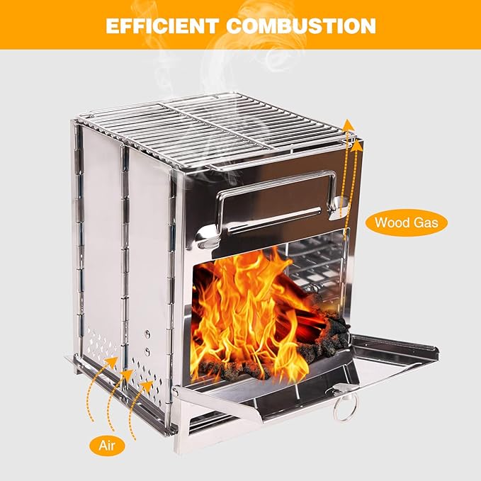 Portable Folding Camping Wood Stove for Outdoor Cooking, Sturdy Lightweight 304 Stainless Steel Wood Burning Camp Stove with Grill for Backpacking BBQ Small/Large (Large)