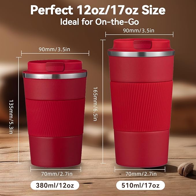 17OZ Travel Coffee Mug Insulated Coffee Cup with Spill Leak Proof Lid, Portable Stainless Steel Tumbler Reusable Hot and Cold Water Mug for Car, Daily, Camping- Red