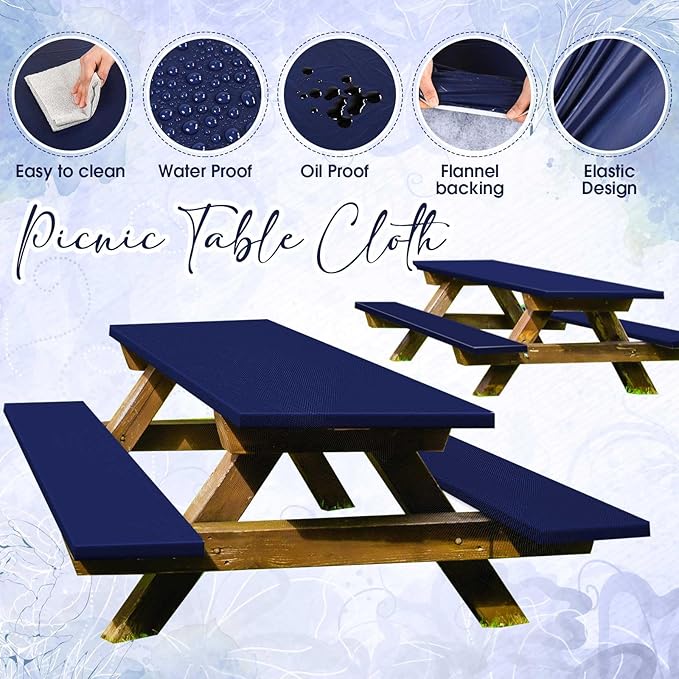 Irenare 3 Pcs Picnic Table and Bench Fitted Tablecloth Cover for 6 Ft Table 30 x 72 Inch Vinyl Fitted Elastic Edges Waterproof Wipeable Tablecloth for Indoor Outdoor Picnics Patio Camping (Navy Blue)