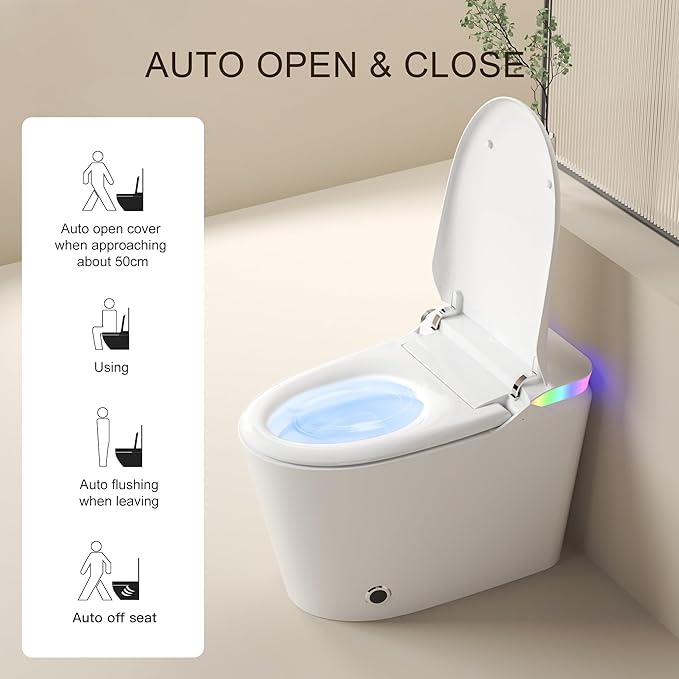 Smart Toilet, One Piece Bidet Toilet for Bathrooms, Toilets with Warm Water Sprayer & Dryer, Foot Sensor Operation, Heated Bidet Seat, Tankless Toilets with Fahrenheit LED Display