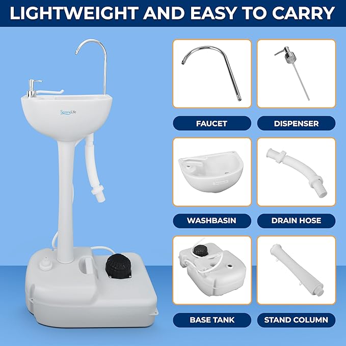 SereneLife Portable Camping Sink with 19L (5+ Gallon) Water Tank, Hands-Free Foot Pump, Soap Dispenser & Towel Holder, Compact Design with Carry Handle – Perfect for Camping, Worksites, Outdoors