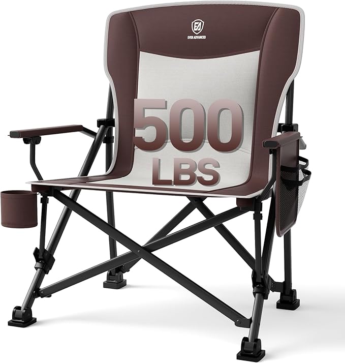 EVER ADVANCED Oversized Folding Camping Chair for Adults, Heavy Duty Lawn Chair with Side Pockets, Portable Collapsible Quad Chair for Outside, Support Up to 500lbs