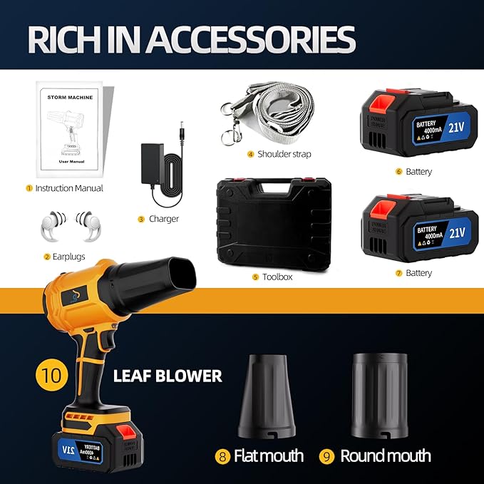 Leaf Blower Cordless with Brushless Motor, LED Light, Shoulder Strap – 2×21V Battery, 600,000RPM Turbo Electric Handheld Blower for Lawn Care – Lightweight Portable Vacuum Combo Tool