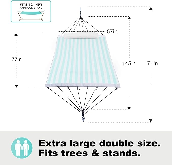 14ft Two Person Outdoor Hammock, Portable Camping with Folding Steel Spreader Bar, Carrying Bag, Carabiners, Tree Straps, Pillow & Sidebag, Quick Dry Textilene, 550 lbs Capacity (Cyan)