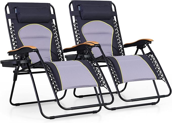 PHI VILLA XXL Oversized Padded Zero Gravity Chair, Foldable Patio Recliner, 30" Wide Seat Anti Gravity Lounger with Cup Holder, Set of 2, Support 400 LBS (Gray Accent)