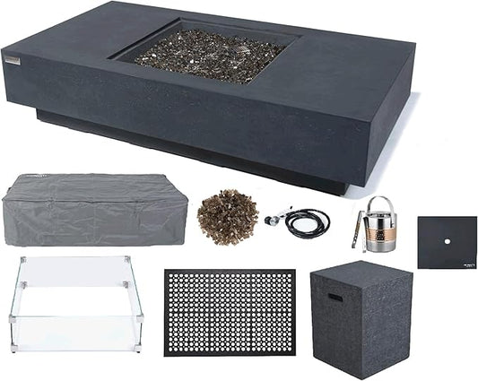 Elementi+ | Bundle Cannes Gas Fire Pit Cast Concrete 60" Rectangular Fire Table, Outdoor Fire Pit Electronic Ignition | Canvas Cover, Fire Glass and Burner Lid Included | Dark Gray | Propane Gas