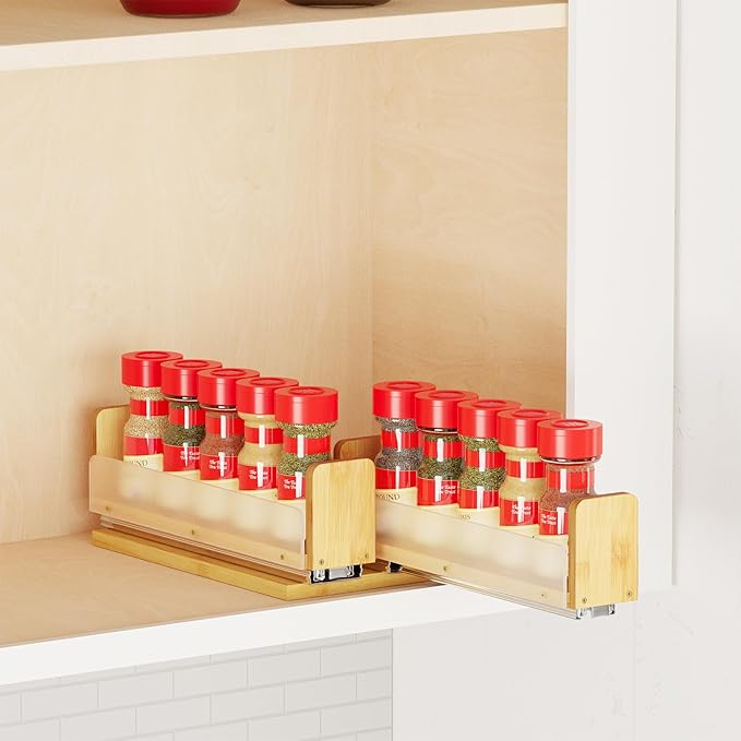 SpaceAid Bamboo Pull Out Spice Rack Organizer for Cabinet, Heavy Duty Slide Out Seasoning Kitchen Pantry Sliding Vertical Organization, 5.1" Wide, 2 Drawers(2" Wide), 1-Tier, Natural