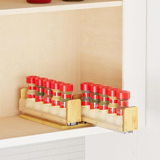 SpaceAid Bamboo Pull Out Spice Rack Organizer for Cabinet, Heavy Duty Slide Out Seasoning Kitchen Pantry Sliding Vertical Organization, 5.1" Wide, 2 Drawers(2" Wide), 1-Tier, Natural