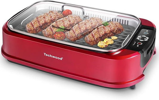 Smokeless Indoor Grill, Techwood 1500W Electric Grill Portable Korean Grill Non-Stick Grill Plates with Temperature Control, Removable Drip Tray, Tempered Glass Lid, Dishwasher-Safe