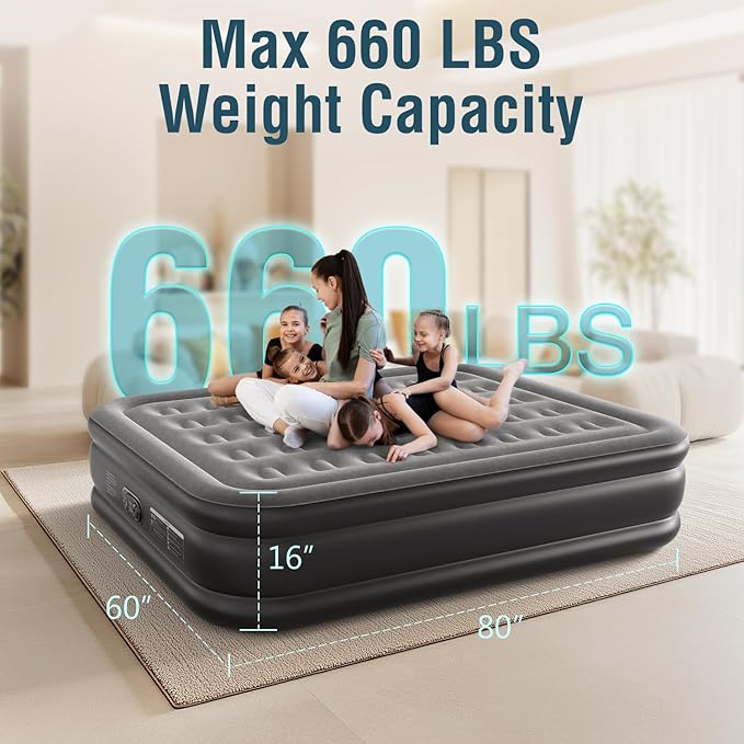 Queen Air Mattress Queen with Built in Pump 16" Double Height Inflatable Mattress with Soft Flocked Top & Carry Bag Adjustable Blow Up Mattress Portable Air Bed for Guest Indoor