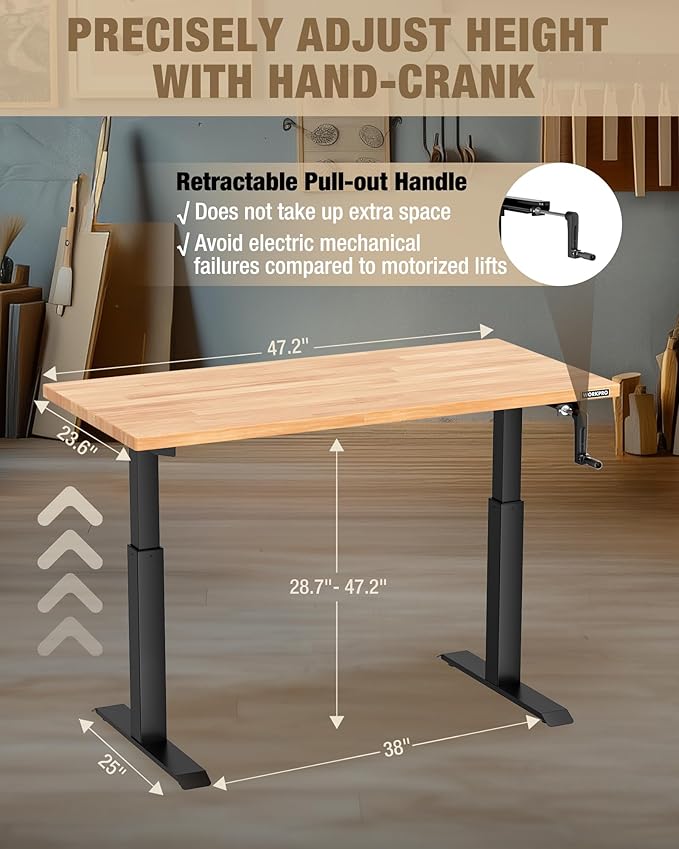 WORKPRO Adjustable Workbench with Crank Handle, 47.2" x 23.6" Rubber Wood Worktable 300LBS Load Capacity,Height-Adjustable Standing Desk for Workshop, Garage