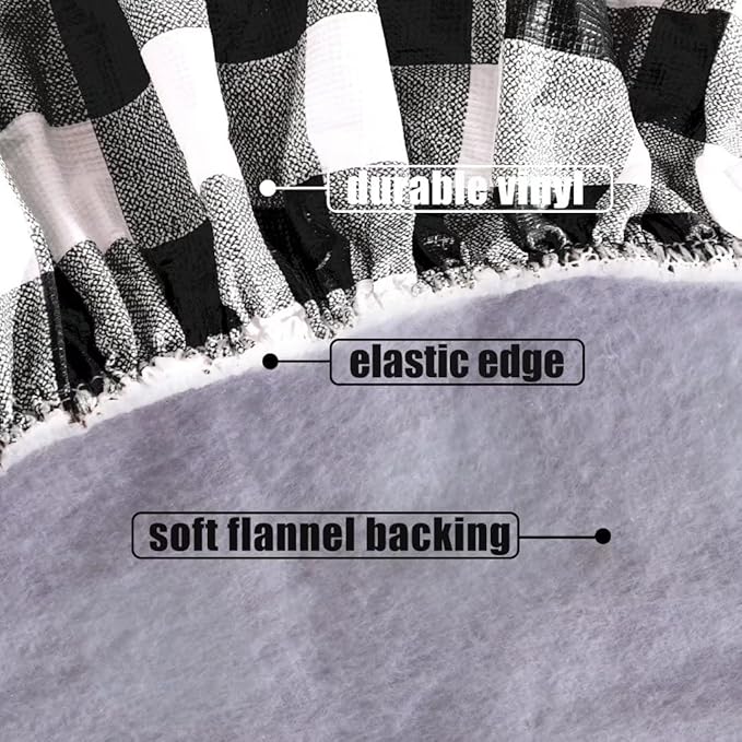Fitable Vinyl Round Elastic Tablecloth with Flannel Backing - Waterproof Plaid Picnic Table Cover for Indoor Outdoor, Black and White (Fit for 57"-68" Round Tables)