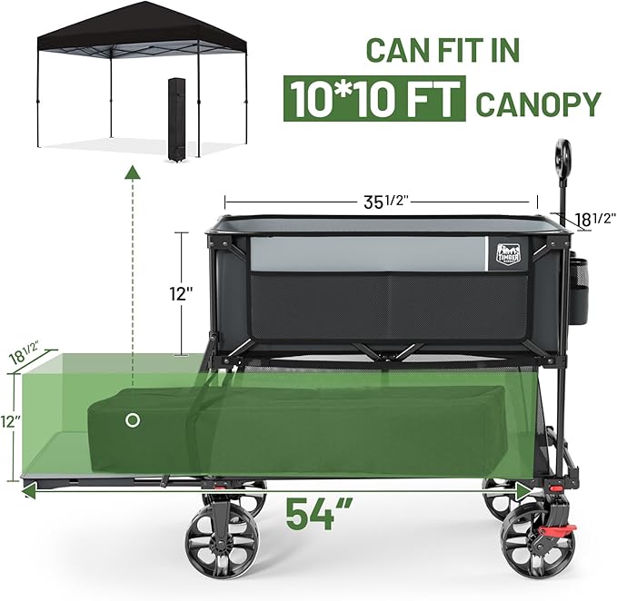 TIMBER RIDGE 400L Large Capacity Folding Double Decker Wagon with Brakes, 54" Extra Long Extender Wagon Cart, 450lbs Heavy Duty Collapsible Cart, All-Terrain Big Wheels for Camping, Sports, Shopping