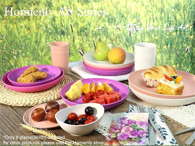 Homienly Wheat Straw Plates 9 Inch, Unbreakable & Lightweight, Alternative for Plastic, Microwave & Dishwasher Safe, Set of 8, Pink Flower Series