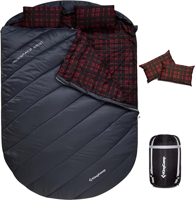 KingCamp Double Sleeping Bag for Adults, Queen Size 2 Person XXL Flannel Sleeping Bag, Waterproof Lightweight Flannel Quilt with 2 Pillows, Perfect for Couples Family Camping Hiking