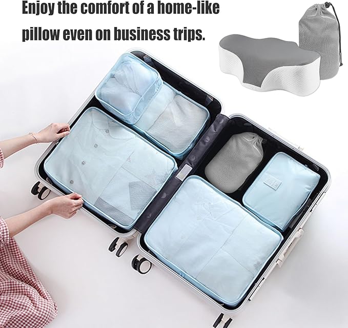Bespilow Travel Pillow for Sleeping,Cervical Neck Support Pillow for Neck Pain Relief,Lightweight Ergonomic Memory Foam Camping Pillow,Portable Contour Pillows w/Travel Storage Bag,Cooling Cover