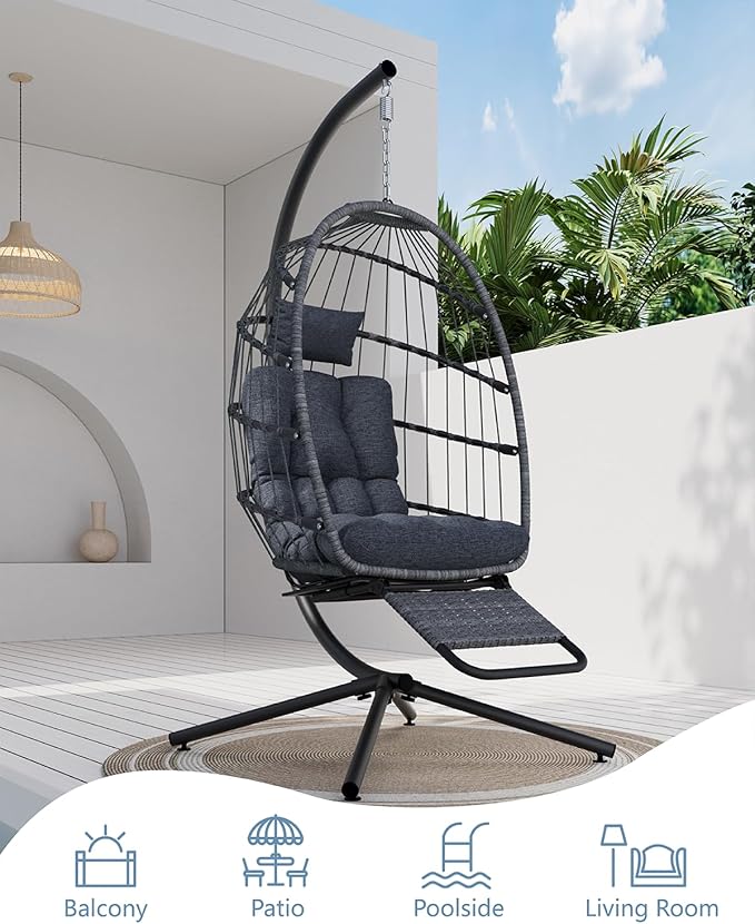 SWITTE Egg Chair Outdoor with Footrest & Stand, Indoor Wicker Hanging Egg Swing Chair with Cushion for Patio, Bedroom, Garden - Dark Gray