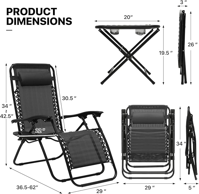 MoNiBloom Oversized Lounge Beach Chairs for Outside, 29" XL Zero Gravity Camping Chairs with Side Table, Pillow and Tray, 330lbs Capacity, Black