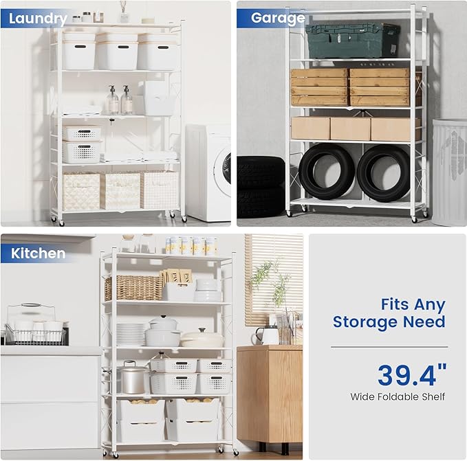 ALANNG 39.4" Wide Folding Storage Shelves with Wheels, Adjustable Metal Shelving Unit, Standing Shelf Organizer for Closet Kitchen Garage Laundry Pantry (White,1 Pack)