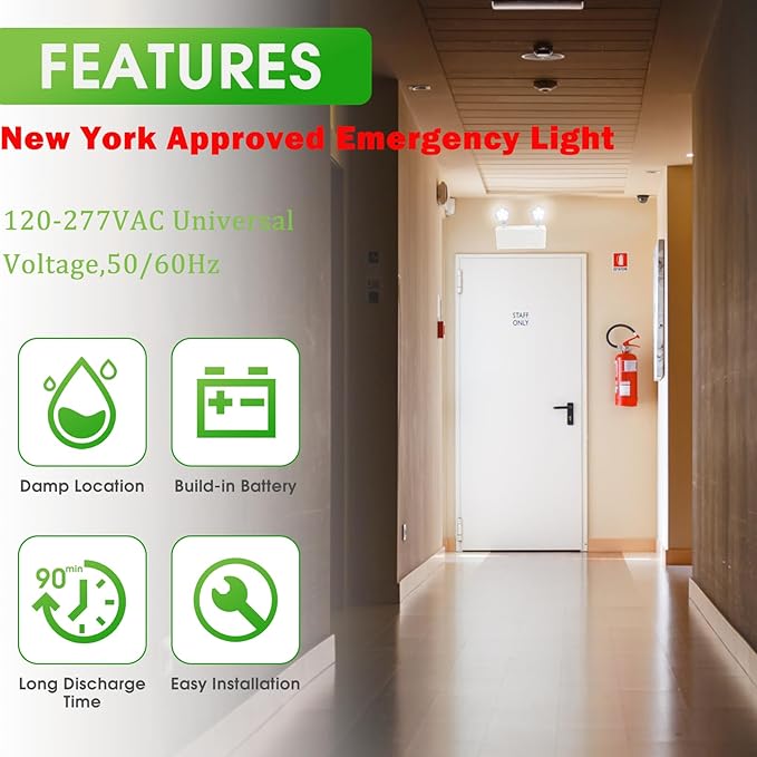 New York Certified LED Emergency Light, White Housing with Backup Battery, Two Adjustable Lamps Heads, 120-277V, Commercial Grade, Fire Resistant, UL Certified NYC-100 (2 Heads)