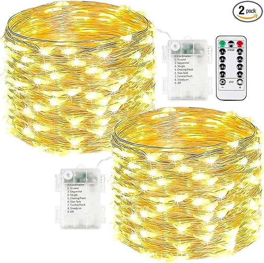 2-Pack Fairy Lights Battery Operated with Remote, Waterproof 33FT 100 LED Battery String Lights Outdoor Indoor, 8 Modes Twinkle Lights with Timer for Bedroom Classroom DIY Christmas Decor (Warm White)