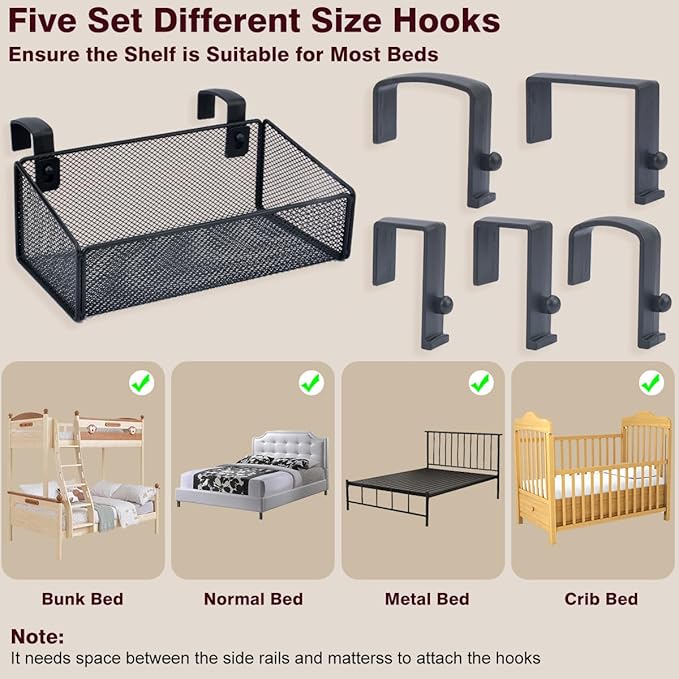 Bedside Shelf Bunk Bed Organizer Shelf Hanging Storage Metal Basket Phone Holder for Bedroom,Dorm,Office - Easy Use for Both Adult and Kids (White)