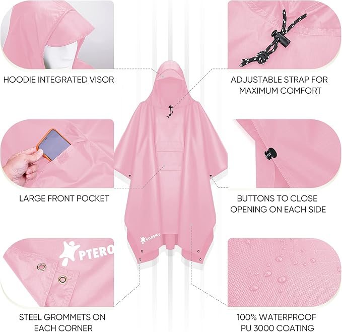 PTEROMY Hooded Rain Poncho for Adult with Pocket, Waterproof Lightweight Unisex Raincoat for Hiking Camping Emergency