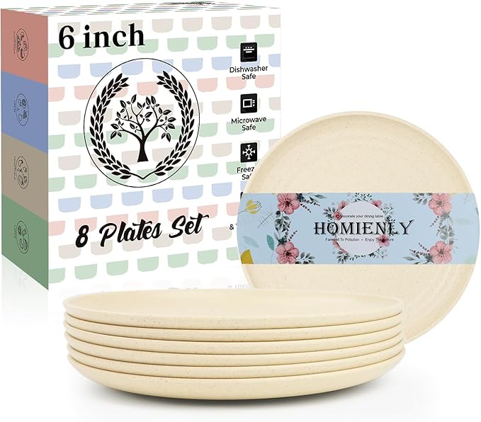 Homienly Small Plates Set of 8, Wheat Straw Plates, 5.7 Inch Lightweight Unbreakable MIni Dessert Plate, Microwave and Dishwasher Safe Small Plate Set - Beige