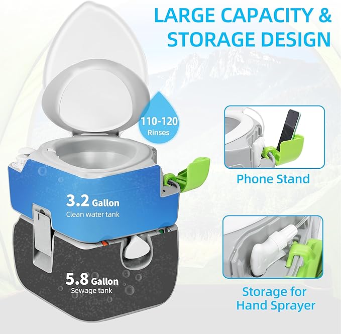 YITAHOME Portable Toilet Camping Porta Potty 5.8 Gallon with Diagonal Deepened and Enlargerd Bowl, Hand Sprayer, Level Indicator, Carry Bag, Portable Toilet for Adults, RV Travel, Boat and Trips