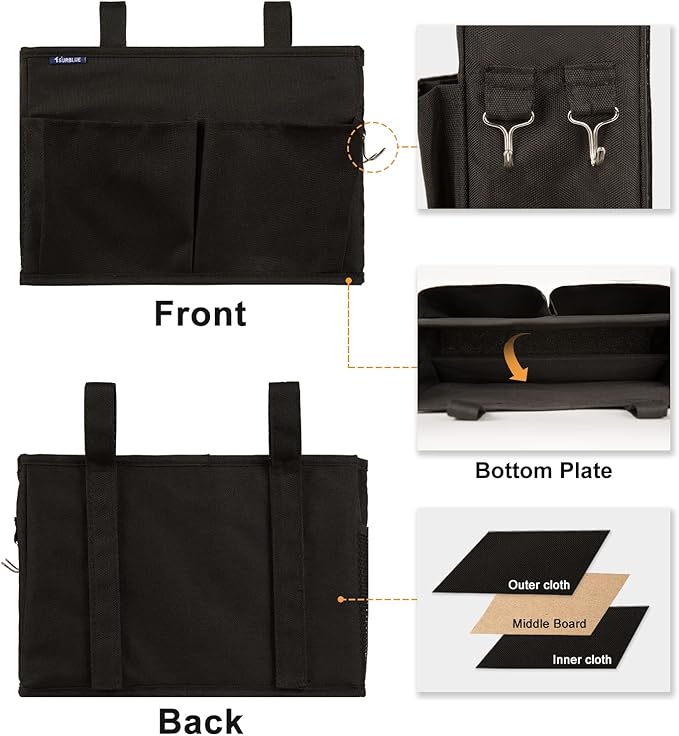 Surblue Caddy Hanging Organizer Bedside Storage Bag for Bunk and Hospital Beds, Black, Small