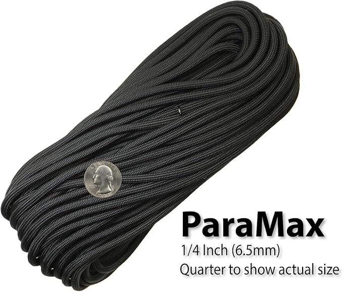 1/4" ParaMax Paracord 100 ft – 1000 lb Type IV Rope for Dog Leashes, Camping, Kayak Anchor - Made in USA - Black