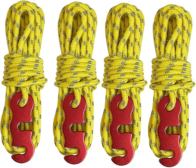 Tent Wind Ropes with Tensioners Cord Adjuster, 4pcs 13ft Reflective Rope for Camping, Hiking, Canopy Shelter, Outdoor Activity(Yellow)