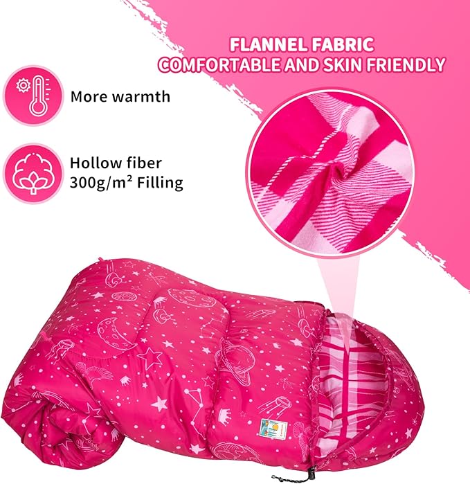 KingCamp 45° F Kids Sleeping Bag, Lightweight Waterproof & Compact Flannel Sleeping Bags Cold Weather & Warm Youth Essentials Gear Accessories for Camping, Fits 10-12 Children up to 5'5" Tall