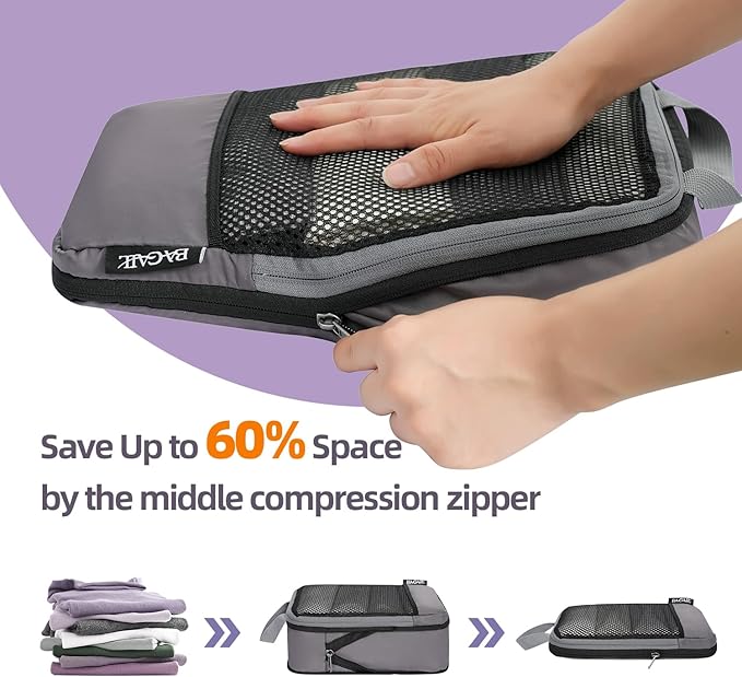 BAGAIL 4 Set/6 Set/8 Set Compression Packing Cubes Travel Accessories Expandable Packing Organizers (Half Mesh, 6-Dark Grey)