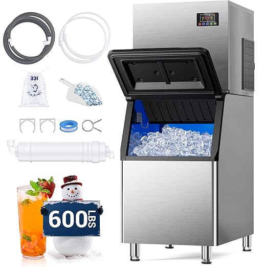 Commercial Ice Maker Machine 600Lbs/24H – 12 Adjustable Thickness Settings, 400Lbs Storage, Ideal for Restaurant, Bar, Hotel, Cafe (600lbs)