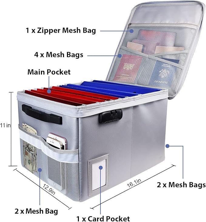 Fireproof Document Box, Fireproof Organizer Safe Box with Lock, Portable Office Storage Cabinet for Hanging Letter/Legal Size Folder/Certificate