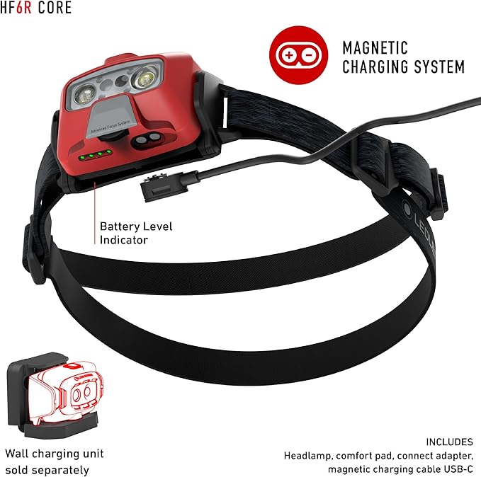 Ledlenser HF6R Core Hands Free, Rechargable Headlamp, Water Resistant, 800 Lumens, Red